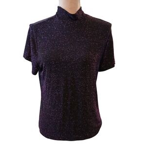 Apparenza M Womens Mock Neck Short Sleeve Purple Metallic Shimmer Whimsygoth Top